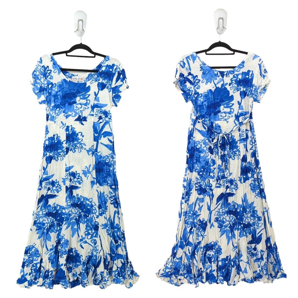 VTG Jams World Women S Dress White Blue Floral Doodle Ruffled Flare Vintage FLAW